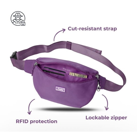 Foldie RFID Safe Purple Crossbody Fanny Pack With Cut-Resistant Strap & Lockable - Picture 2 of 4